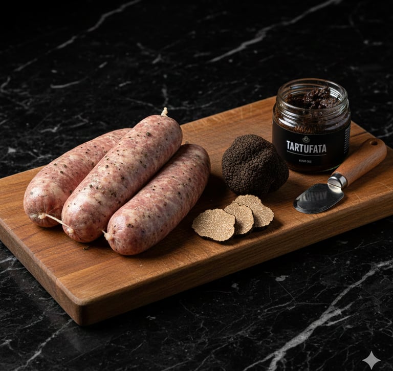 Fresh gourmet truffle sausages on a wooden board with black truffle and tartufata sauce jar.