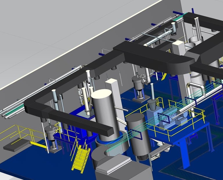 A 3D CAD model showcasing complex industrial piping, storage tanks, and structural design for a processing plant.