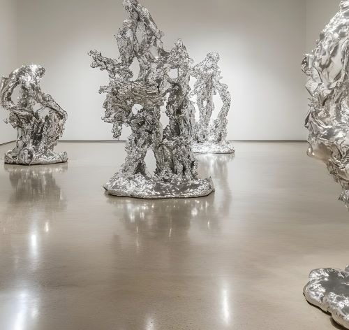 Contemporary reflective silver abstract sculptures displayed in a modern art gallery setting.