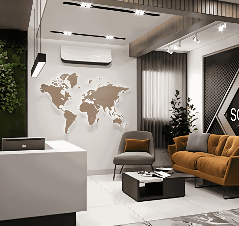 a modern office with a map of the world