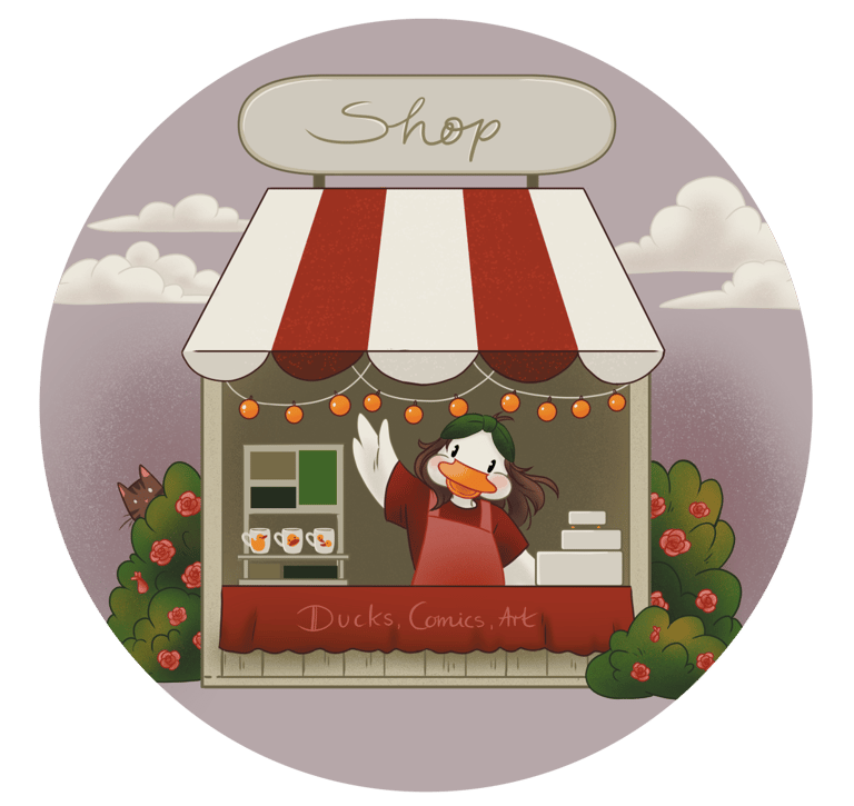 Cute duck character waving from a red and white striped art shop stall with flowers and clouds.