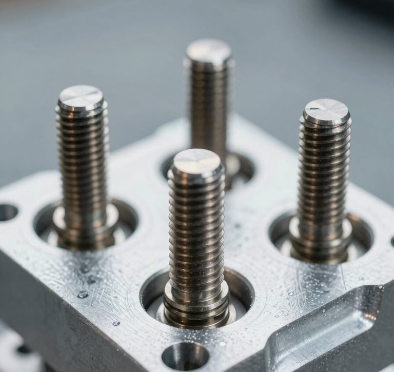 Macro technical shot of heavy-duty metal threads on a die-cast aluminum explosion-proof fixture, cool crisp daylight