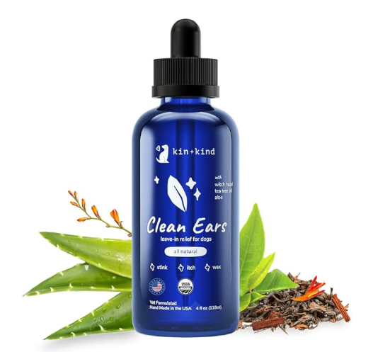 kin+kind organic witch hazel and tea tree dog ear cleaner for non-toxic wax removal.