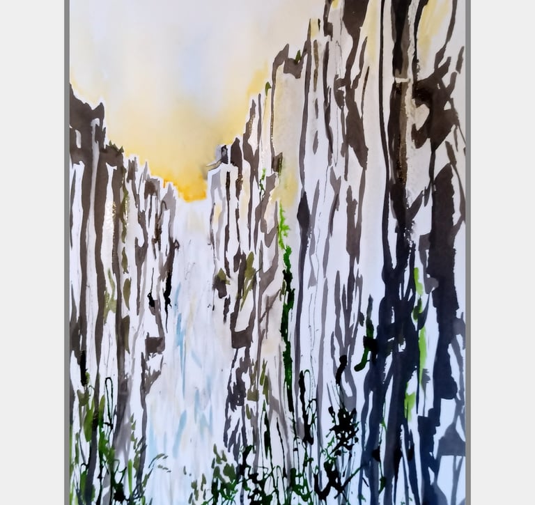 Abstract painting of a sunlit narrow canyon with steep cliffs and rippling waterfall