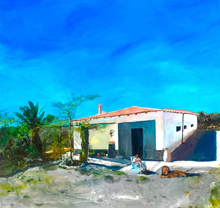 a painting of a house with a lion laying on the ground
