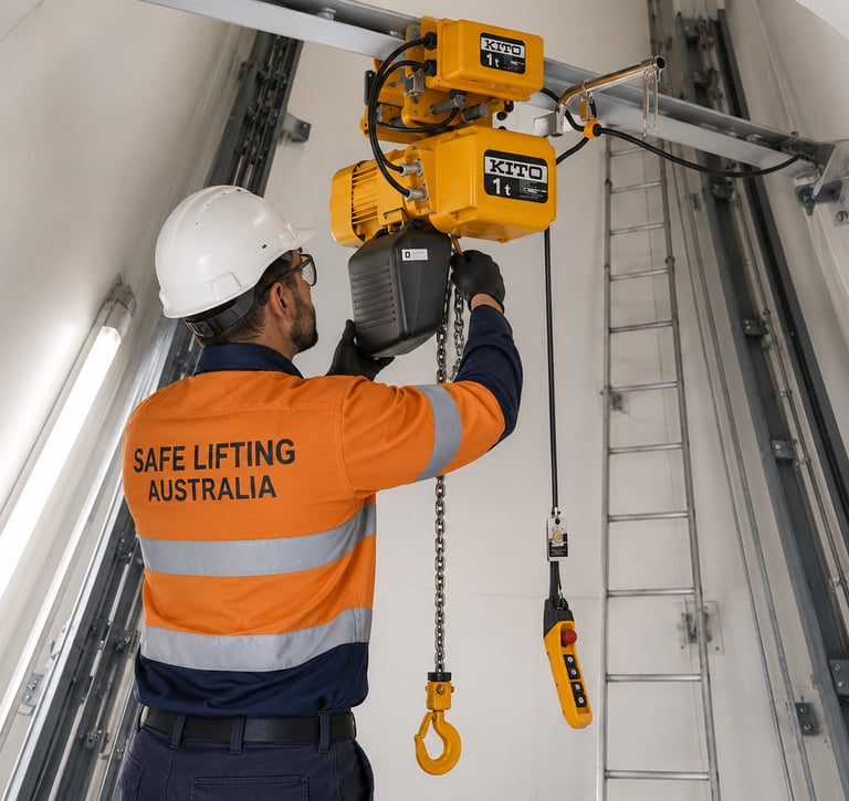 crane technician performing a crane service in perrth on a chain hoist