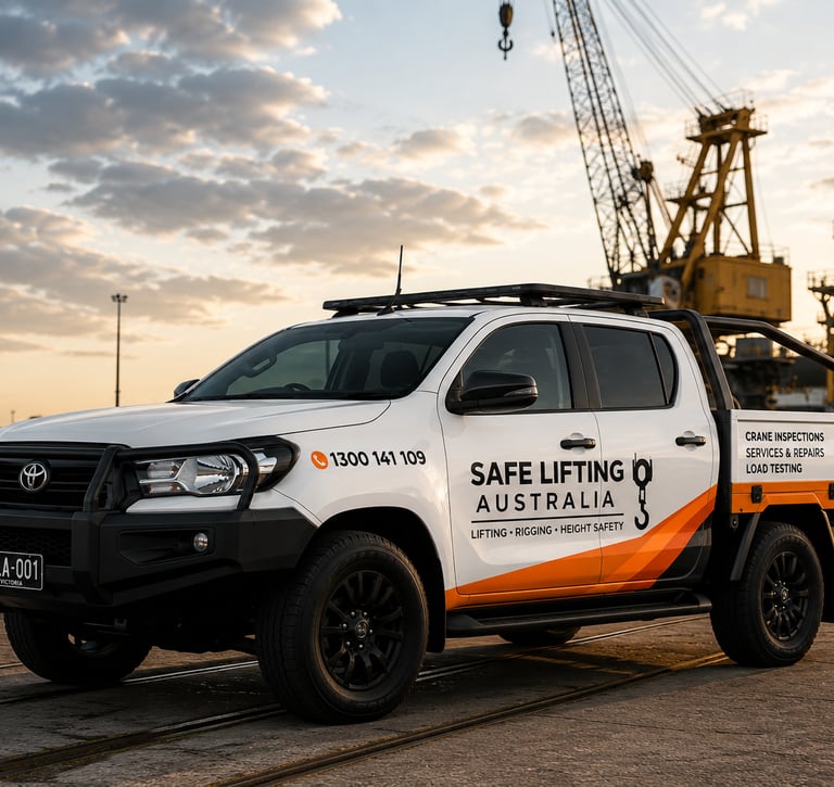 crane technician ute parked in forn of harbour crane