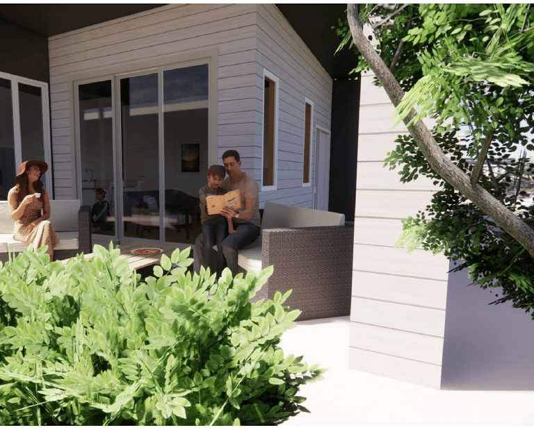 a couple of people sitting on a porch of a architect designed house