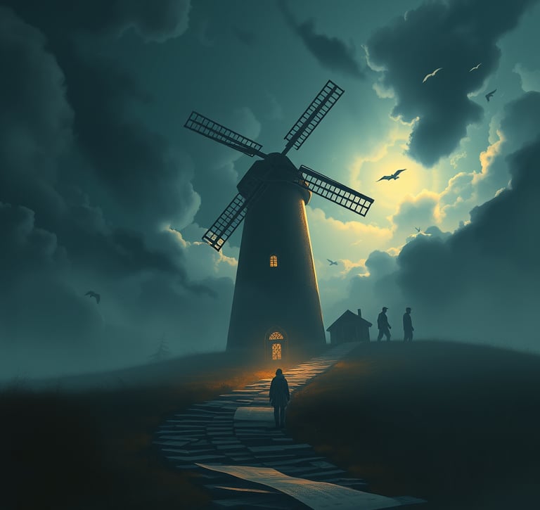 a windmill in the dark with a person walking down a path
