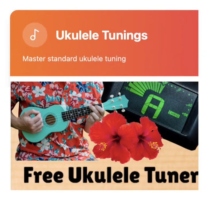 A person playing a blue ukulele with a digital tuner and red hibiscus flowers for free tuning lessons.