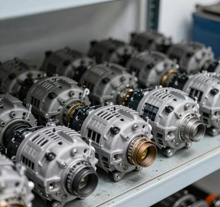 Close-up of neatly arranged car alternators and starter motors on industrial steel shelves, realistic workshop lighting, 35mm lens