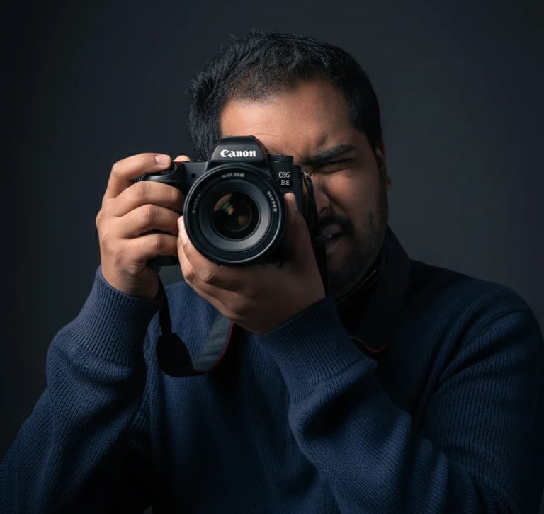 Professional photographer in a navy sweater intently framing a shot with a Canon mirrorless camera.