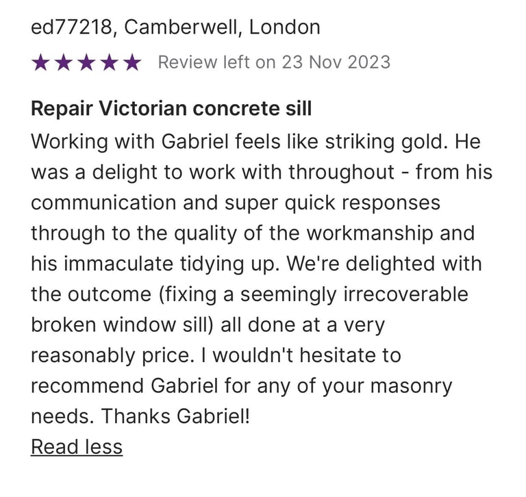 Five-star customer review for Victorian concrete window sill repair and masonry services in Camberwell, London.