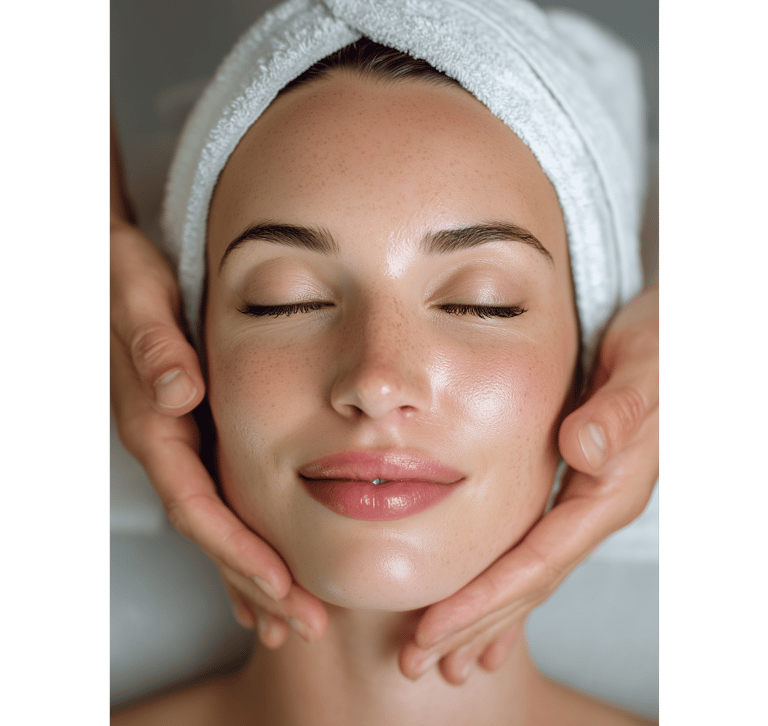 A woman with glowing skin receives a relaxing facial massage at a luxury spa.