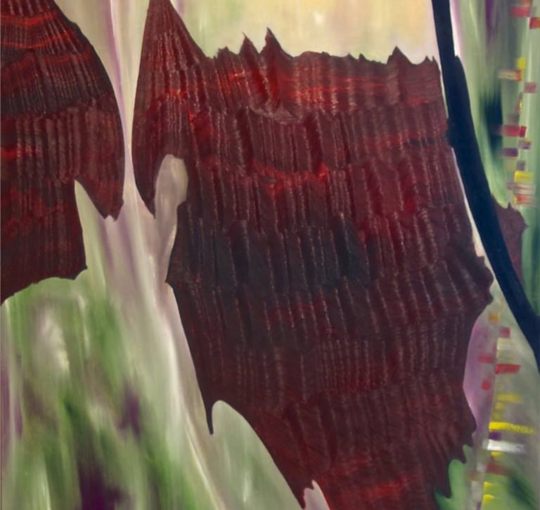 Abstract irregular dark burgundy shapes on light greenish and pinkish surface.