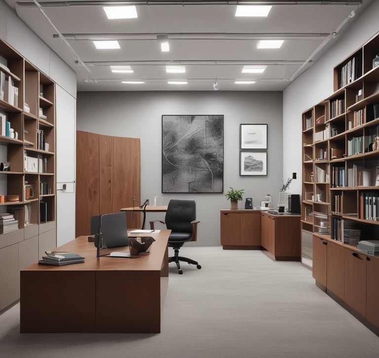 A modern office space with minimalistic design, featuring two office chairs, a sleek table, a storage cabinet, and a floor lamp. The room is decorated with light-colored curtains and has a polished concrete ceiling. The overall ambiance is professional and clean.