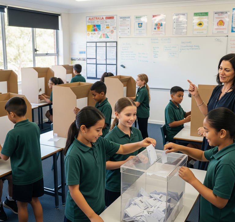 A teacher and a class of primary school students participating in a mock election for civics study