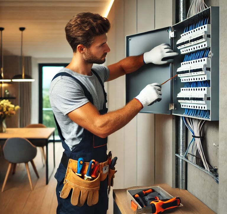 Handyman repairing an electrical panel inside a modern London apartment.