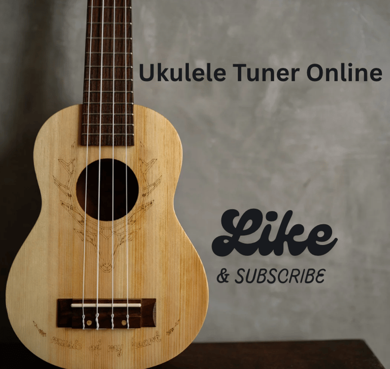 A wooden ukulele with a deer engraving and text reading Ukulele Tuner Online Like and Subscribe.