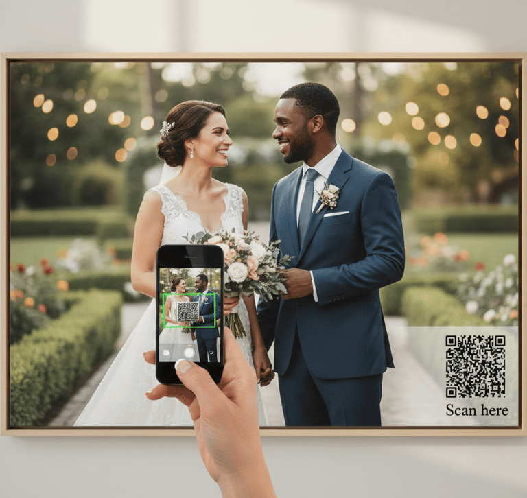 a person taking a photo of keepsakesQR.com QR code wedding photo