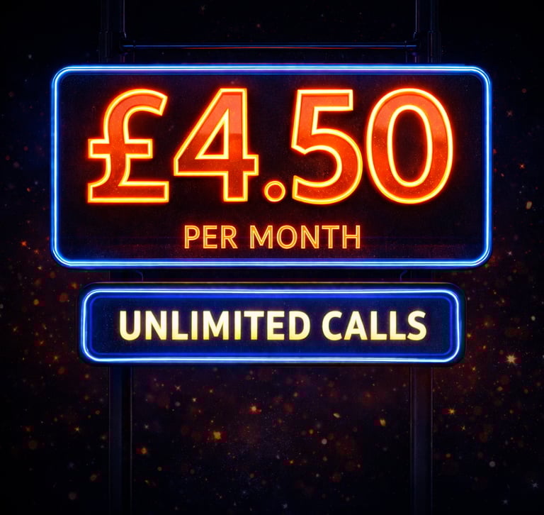 Glowing neon sign showing a mobile phone plan deal for unlimited calls at 4.50 pounds per month.
