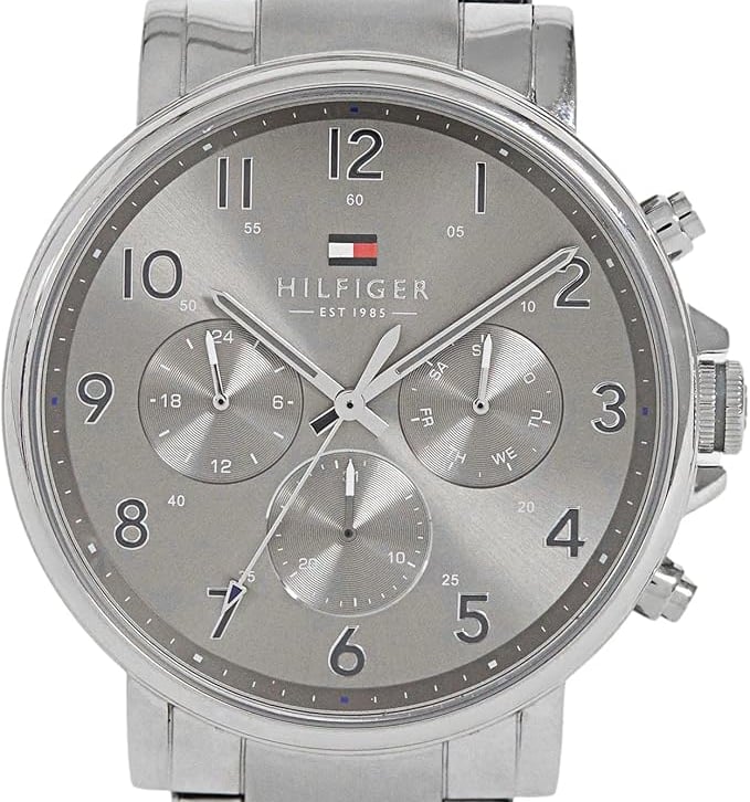 Tommy Hilfiger men's silver chronograph watch with stainless steel link bracelet and grey sunray dial.