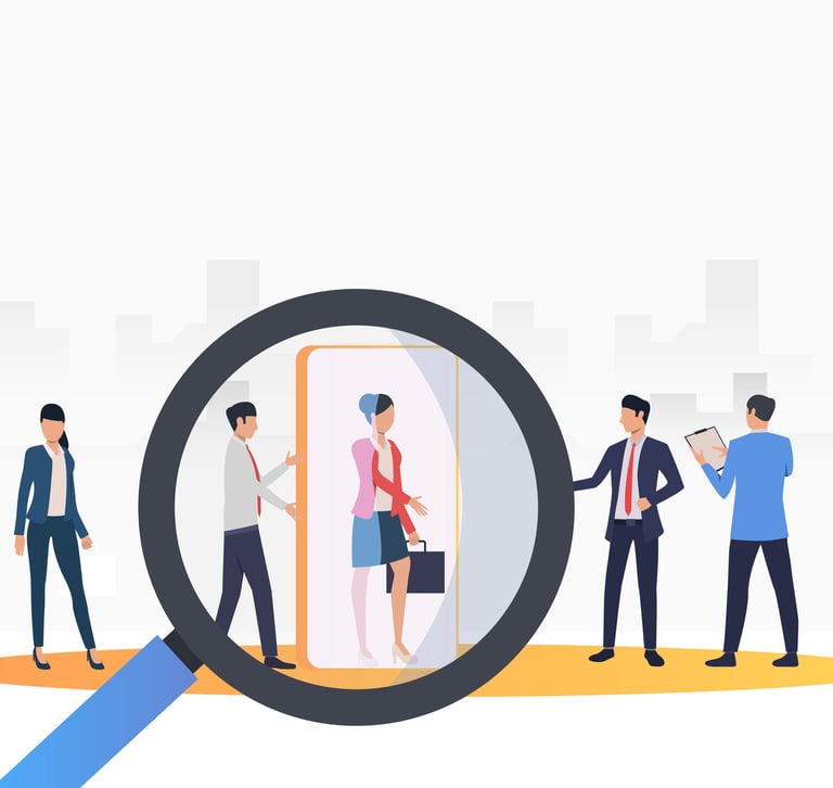Using a magnifying glass for screening business professionals illustration.