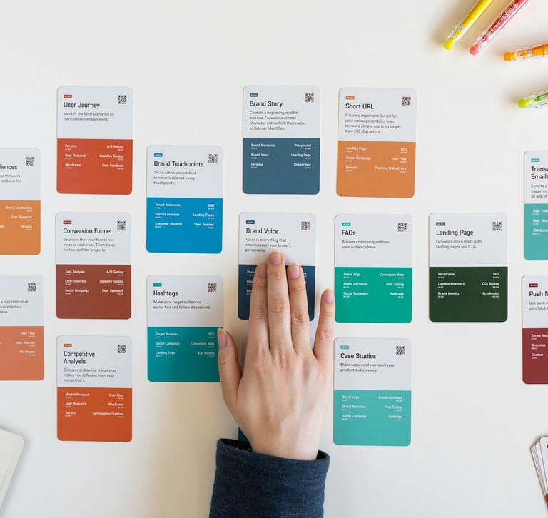 Hand arranging marketing strategy cards and a notebook on a white desk for brand development.