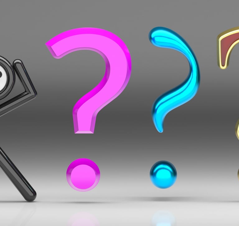 Confused black stick figure with hands on head standing next to colorful 3D question marks.