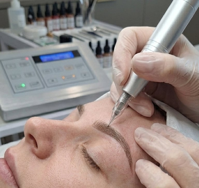 Professional artist performing microblading permanent makeup on eyebrows with a digital tattoo machine.