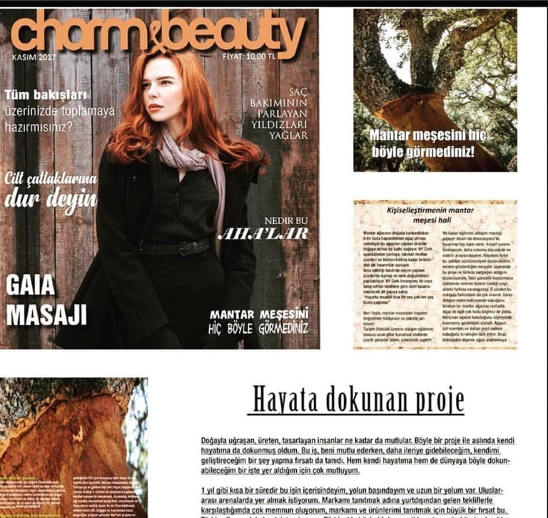 Charm and Beauty magazine cover featuring a redhead woman in a coat and scarf next to skincare articles.