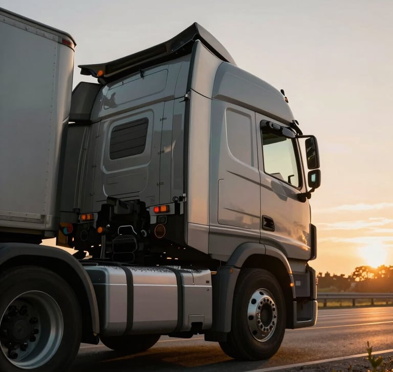 Low-angle heroic shot of a clean modern semi-truck cab parked at dawn, dramatic golden-hour highway light, cinematic commercial photography, 35mm lens