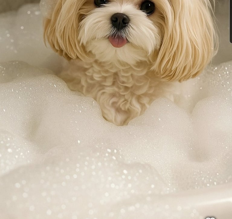 Beautiful female Mal-Shi taking bath in Houston Texas.