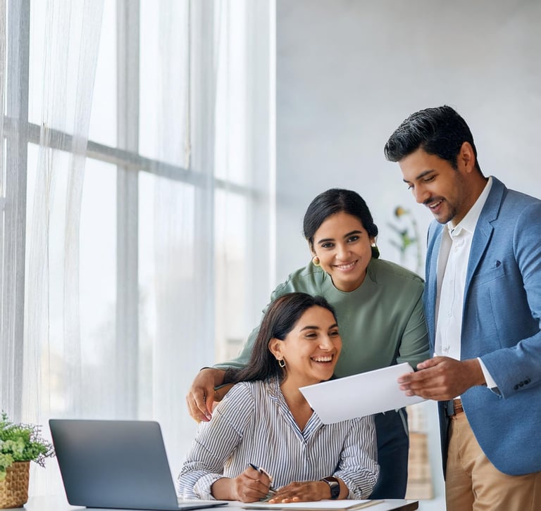 a man and woman looking at a document while standing in front of a laptop