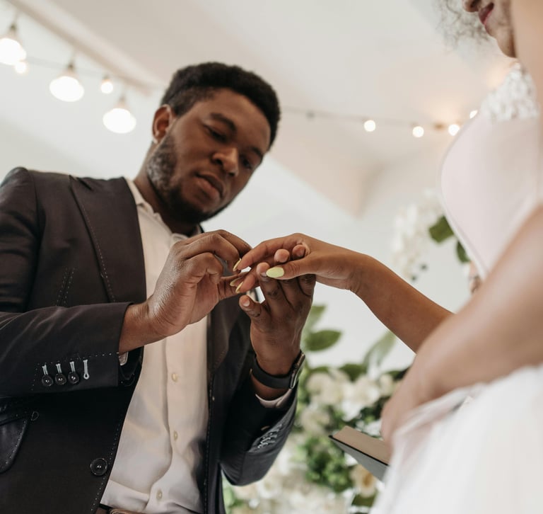 a multi-faith couple exchanging rings on their wedding day