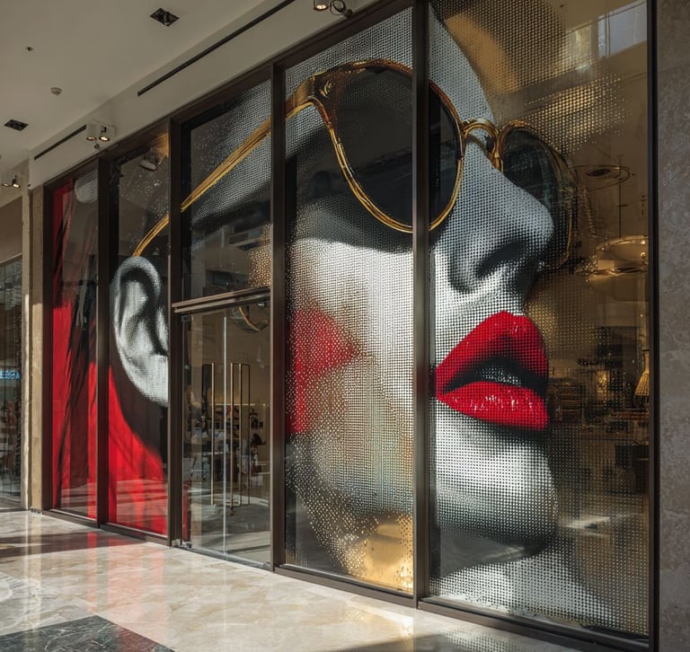 a woman's face in a window display