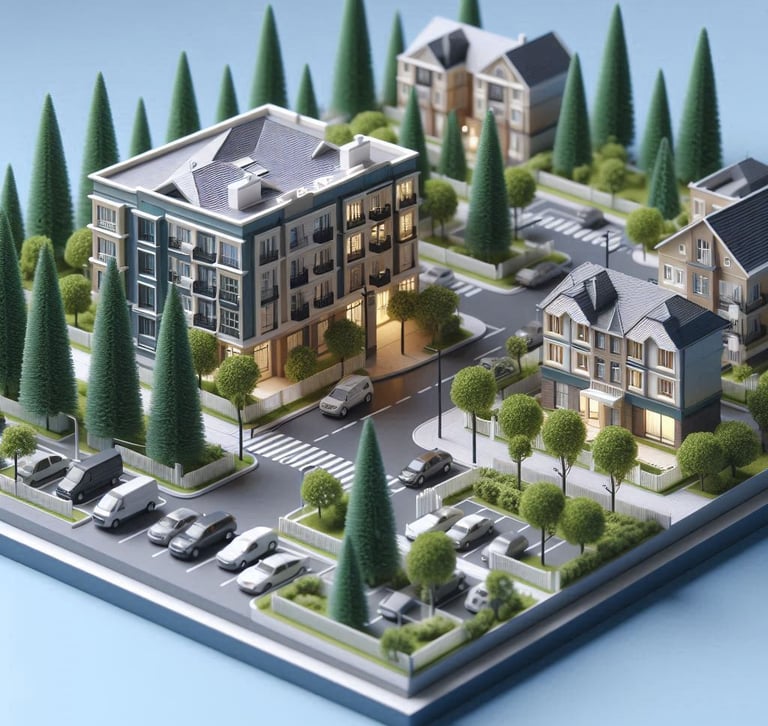 maquette d'architecte représentant un quartier avec immeubles, maisons, parcs et parking