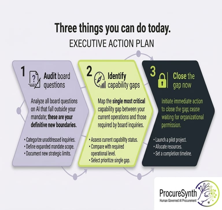 Executive action plan infographic for AI procurement showing board audits, capability gaps, and closing gaps.
