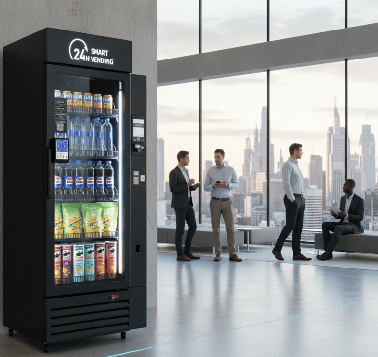 Smart vending machine with contactless payment installed in a West Palm Beach corporate breakroom.