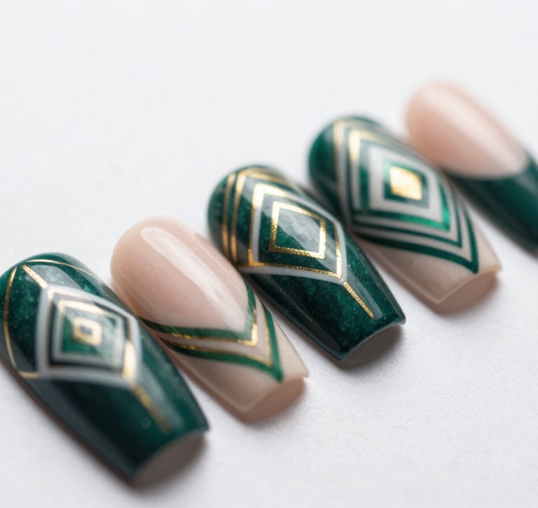 Close-up macro shot of five finished nail-art designs — intricate geometric patterns in deep emerald, blush, and gold on a cream background, isolated nail tips fanned out on white surface, bright diffused daylight, pigment and finish detail sharp