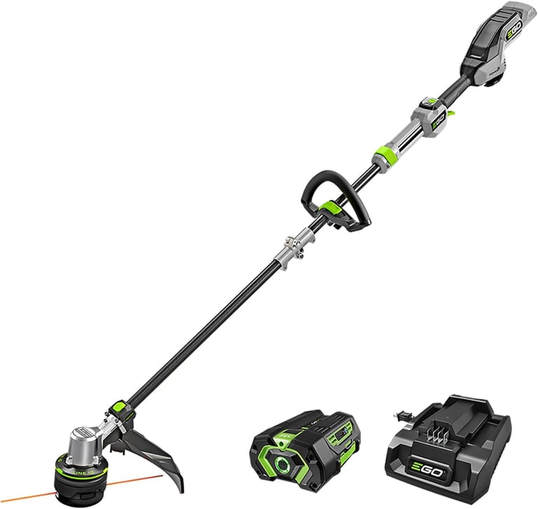 EGO Power+ cordless string trimmer with 56V lithium battery and rapid charger kit.