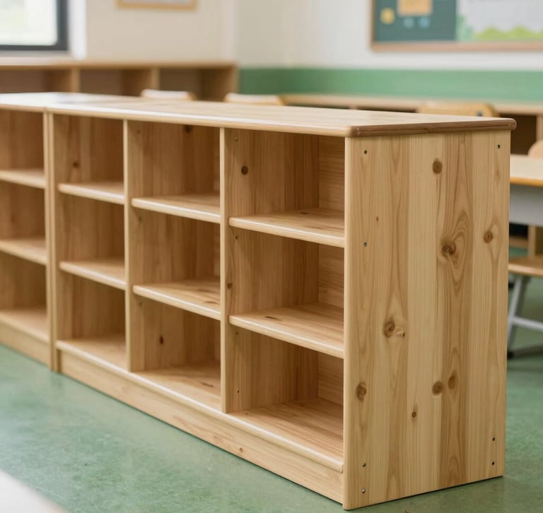 A row of modular wooden classroom units at a local school, featuring clean sand-colored wood and green surroundings.