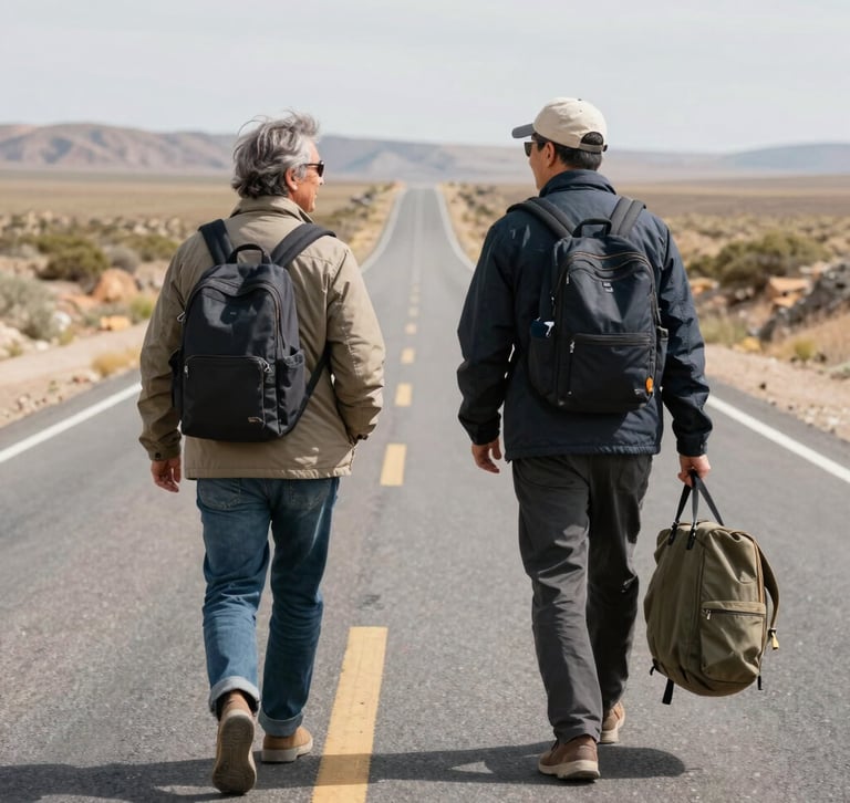 Two men with backpacks walking down a long desert highway, symbolizing travel and adventure.