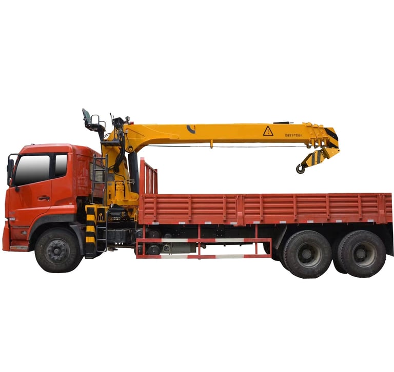  A 10 ton Telescopic Boom Truck Mounted Crane with 4 section arms on a white background.