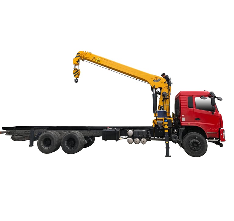 12 ton Telescopic Boom Truck Mounted Crane with red cab, 4 section arms.