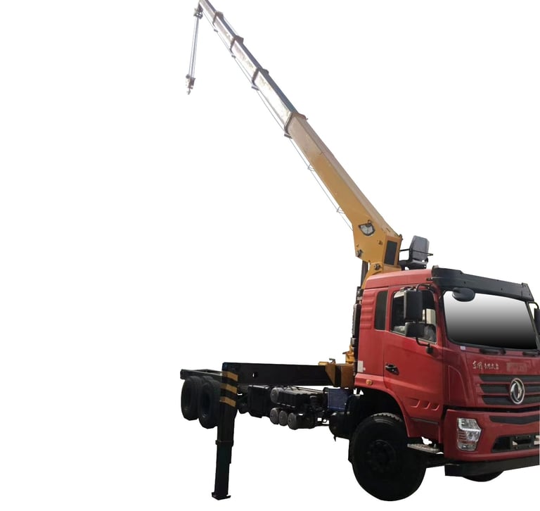 Image of a truck being lifted by a 12-ton Telescopic Boom Truck Mounted Crane with 5 section arms