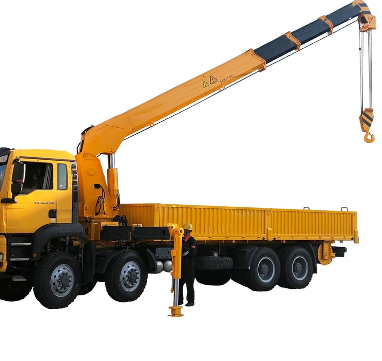 A crane hoists a 16-ton truck using a telescopic boom truck mounted crane with 5 section arms on a white background.