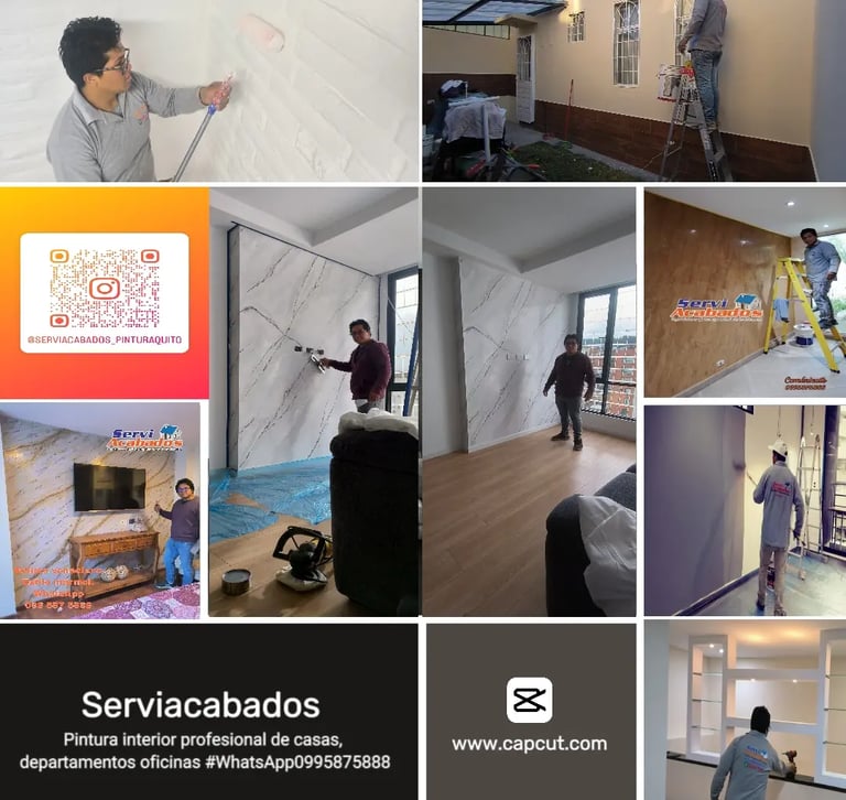 Collage de imágenes de los servicios de pintura interior y exterior de Serviacabados. Incluye profes