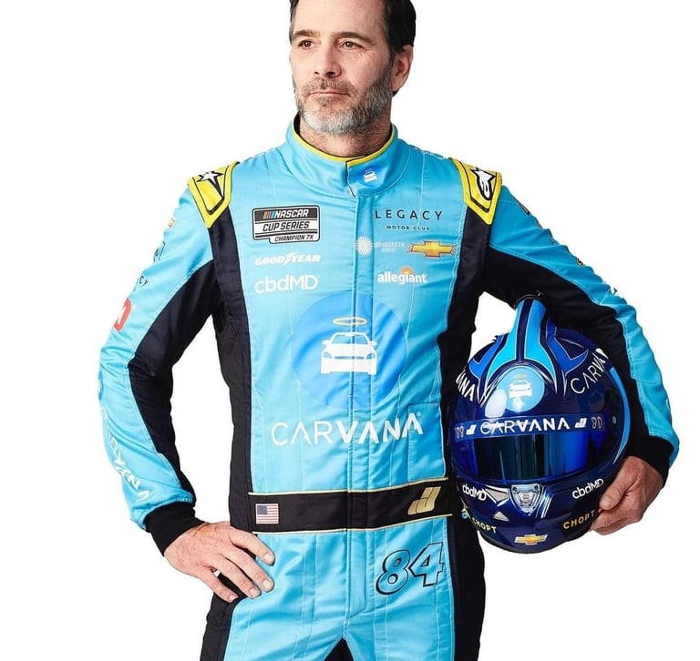 NASCAR driver Jimmie Johnson hair and makeup photoshoot in his Carvana racing unifrom