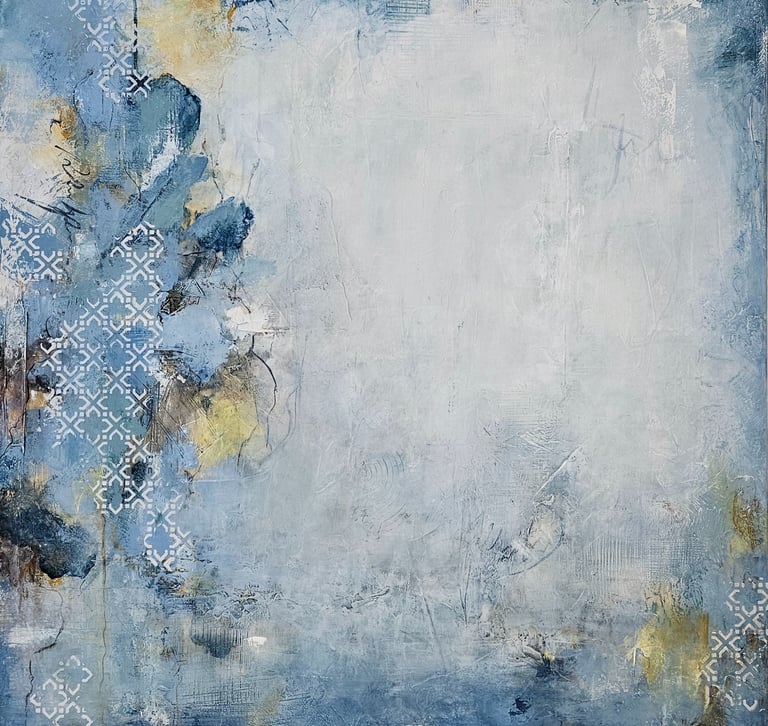Abstract blue and white textured painting with geometric patterns and gold accents.